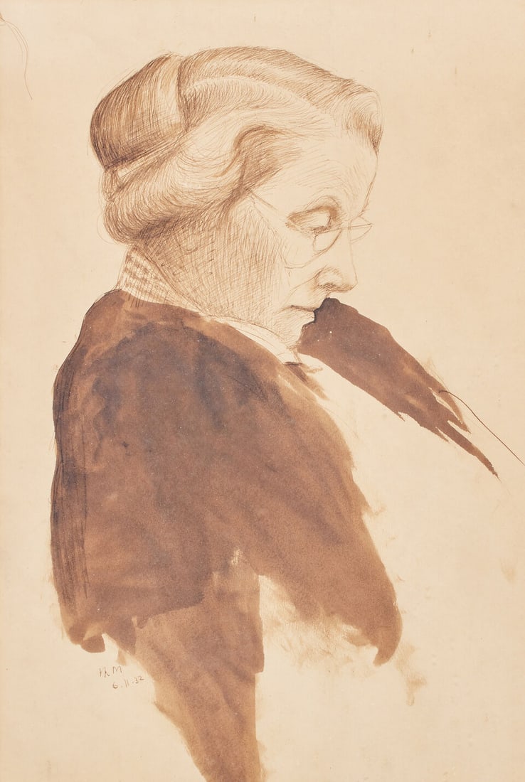 Sir Herbert Maxwell (British, 1845-1937) A profile sketch of possibly Lady Mary Maxwell (And a c...: Sir Herbert Maxwell (British, 1845-1937) A profile sketch of possibly Lady Mary Maxwell initialled and dated 'HM/6.11.32' (lower left) pen & wash 44 x 30cm (17 5/16 x 11 13/16in). And a carved