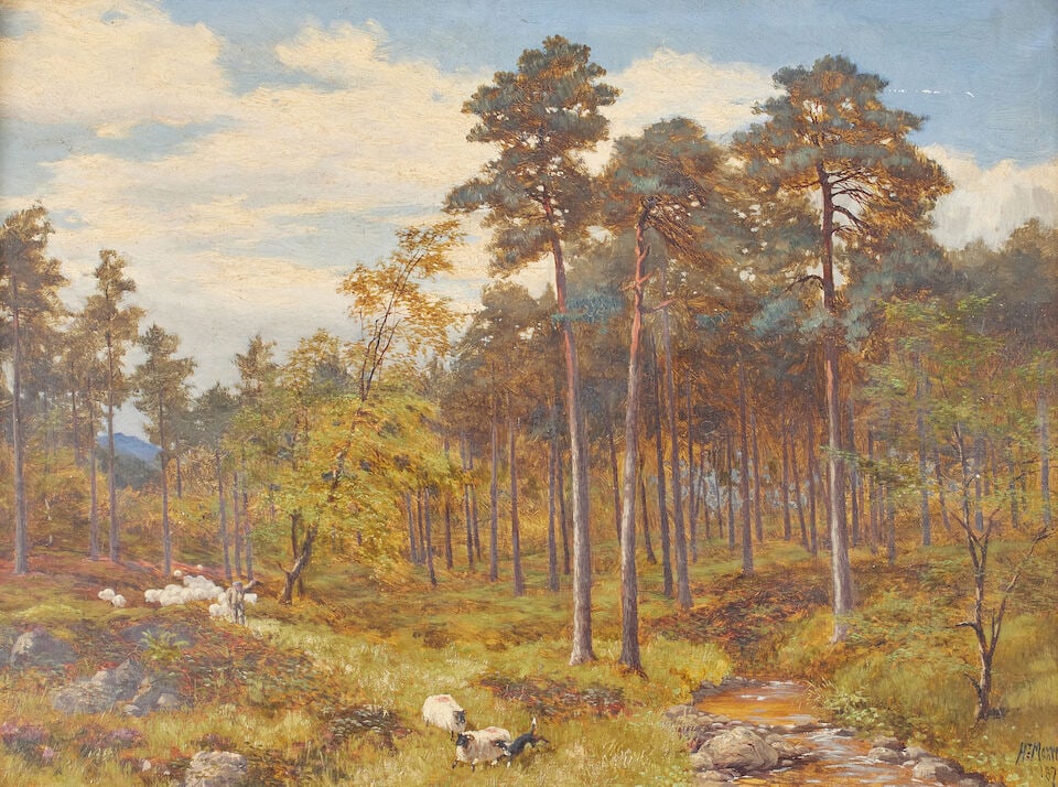Sir Herbert Maxwell (British, 1845-1937) Shepherd with sheep grazing amongst pine trees (Togethe... - 4
