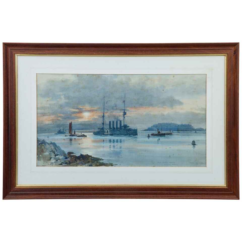 Frank Watson Wood (British, 1862-1953) HMS 'Aboukir' entering Plymouth Harbour ((foxed)) - 3