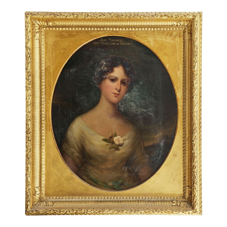 Scottish School (19th century) Portrait of Jane Maxwell, later Mrs Maitland of Freugh, half leng...: Scottish School (19th century) Portrait of Jane Maxwell, later Mrs Maitland of Freugh, half length, in a white dress with a pink rose with later inscription oil on canvas, painted oval 72 x 58cm (28