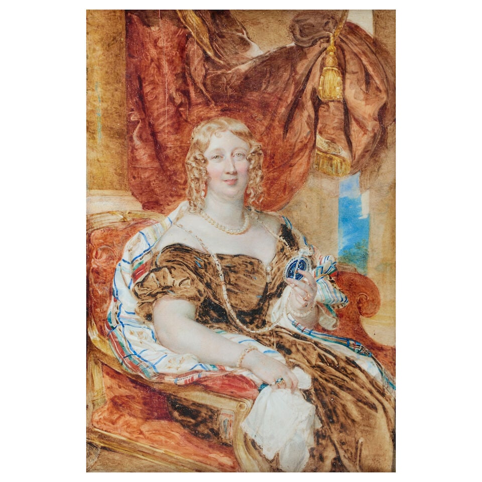 Sir William Charles Ross (English, 1794-1860) Portrait of Margaret, Duchess of Somerset, seated ...: Sir William Charles Ross (English, 1794-1860) Portrait of Margaret, Duchess of Somerset, seated three-quarter length, in a brown dress and checked shawl, in an interior portrait miniature on ivory 23 