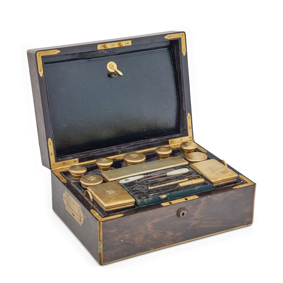 Edith Campbell's coromandel wood and silver-gilt mounted dressing case By F West of James St, Lo...: Edith Campbell's coromandel wood and silver-gilt mounted dressing case By F West of James St, London, circa 1868 With flush brass handles and brass borders, the lid fitted with a Bramah lock and