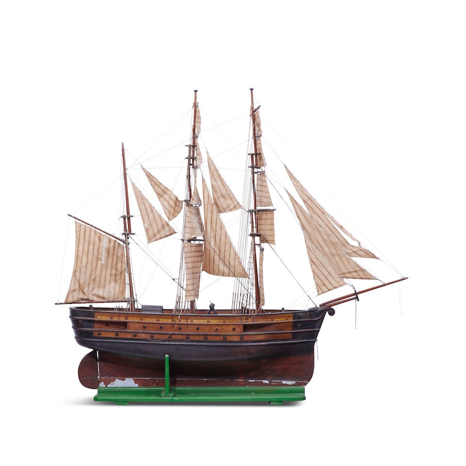 A large scratch built carved and stained wood model of a late 18th century three-masted 34-gun s... - 2