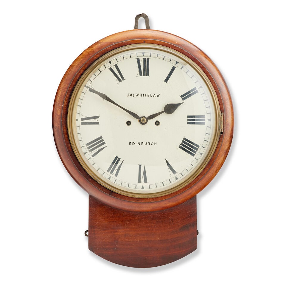 A Scottish 19th century mahogany drop-dial wall clock: A Scottish 19th century mahogany drop-dial wall clock Inscribed to the dial James Whitelaw, Edinburgh The 12-inch dial with Roman numeral signed 'JAs WHITELAW, EDINBURGH', the twin train movement with