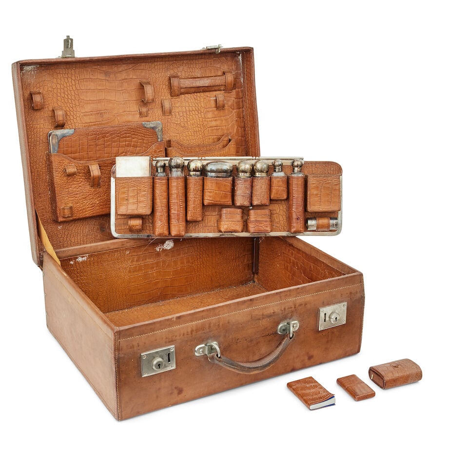An unusually large late Victorian gentleman's leather travelling case The silver mounts with mak...: An unusually large late Victorian gentleman's leather travelling case The silver mounts with maker's mark FBM (Frederick Bradford Macrae, Army and Navy Co-operative Society Limited), London 1895 The t