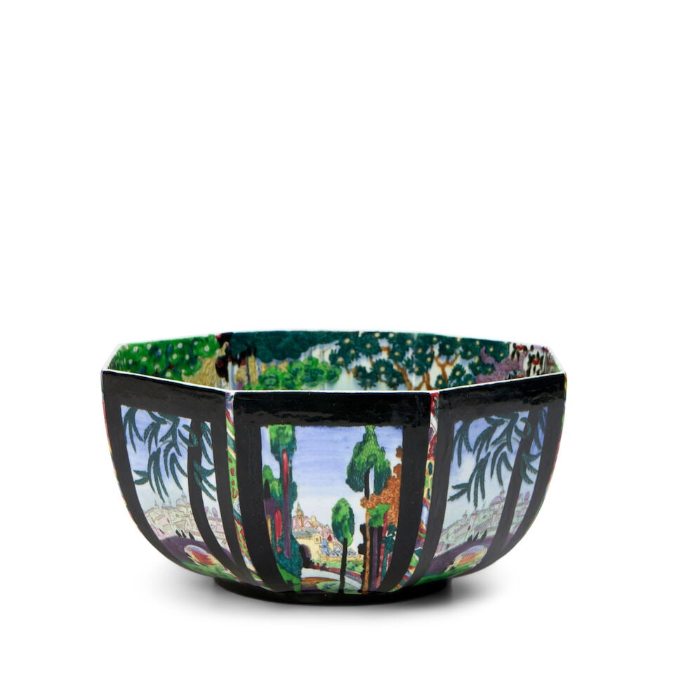 Wedgwood Fairyland Lustre Bowl, England, c. 1925,: Wedgwood Fairyland Lustre Bowl, England, c. 1925, octagonal shape, paneled exterior with Castle on a Road, the interior with Woodland Elves VIII - Boxing Match, polychrome decorated and un-gilded, pri