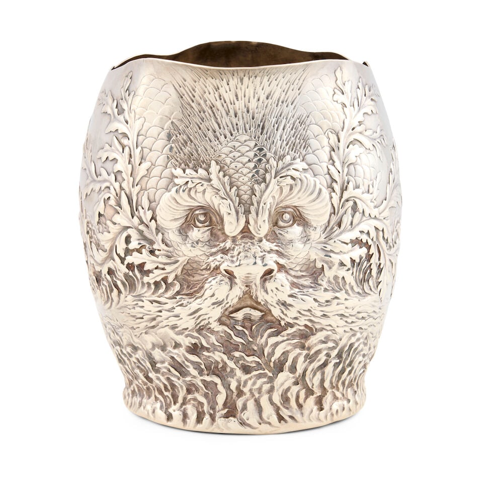 Gorham Sterling Silver Pitcher,: Gorham Sterling Silver Pitcher, Providence, c. 1887, with a Green Man face made up of scrolling foliage to the front, height 6 1/2 in., approx. 24.3 troy oz. Footnotes: Provenance Collection of Kathy 