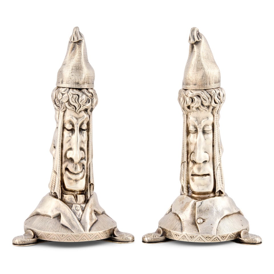 Pair of Victorian Sterling Silver Figural Candlesticks,: Pair of Victorian Sterling Silver Figural Candlesticks, London, 1879-80, Henry Dee, maker, also inscribed with retailer 'W.J. Thomas 39 E. Old Bond St,' and bearing English patent registry mark; each 