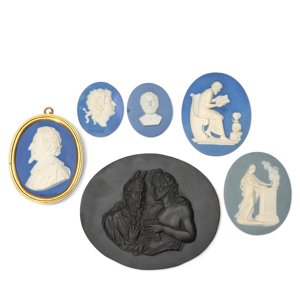 Six Wedgwood & Bentley Medallions, England, c. 1775,: Six Wedgwood & Bentley Medallions, England, c. 1775, five oval with applied white, a portrait of Grotius set in a brass frame, lg. 3 1/2; classical maiden sacrificing, lg. 3 1/8; classical man reading