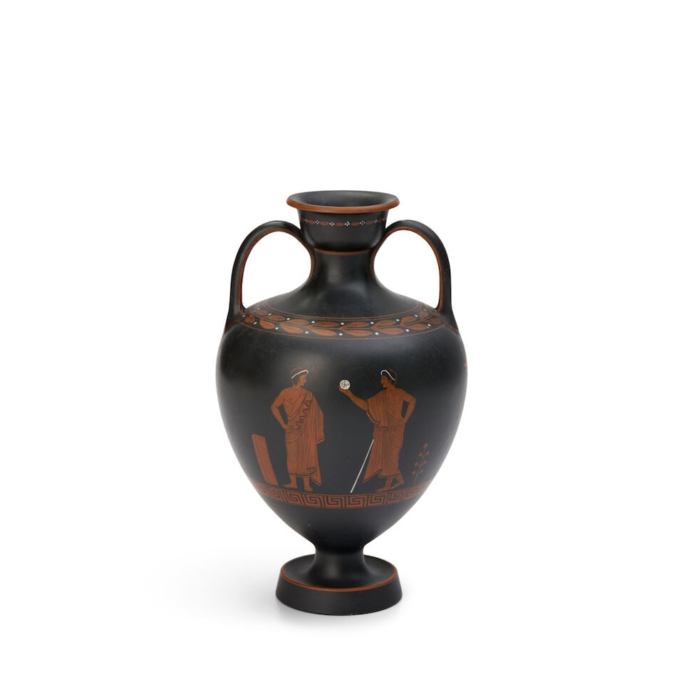 Wedgwood Encaustic Decorated Black Basalt Two-handled Vase, England, early 19th century, (1 of 2)