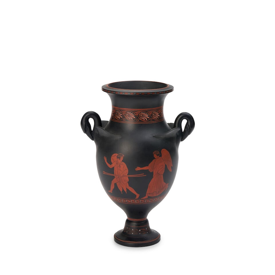Wedgwood Encaustic Decorated Black Basalt Vase, England, early 19th century,: Wedgwood Encaustic Decorated Black Basalt Vase, England, early 19th century, with swan-head handles, iron red, black and white decorated with figures below a band of anthemion, a large palmette to the