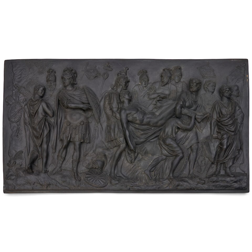 Wedgwood Black Basalt Death of a Roman Warrior Plaque, England, early 19th century,: Wedgwood Black Basalt Death of a Roman Warrior Plaque, England, early 19th century, rectangular shape with depiction of Roman figures in high relief, impressed mark, lg. 19 1/2, wd. 10 3/4 in. Footnot