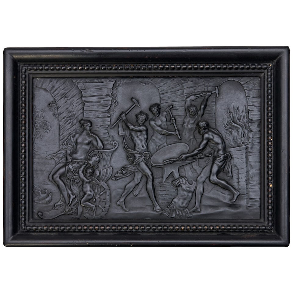Wedgwood Black Basalt Plaque of Vulcan's Forging, England, late 18th/early 19th century,: Wedgwood Black Basalt Plaque of Vulcan's Forging, England, late 18th/early 19th century, rectangular shape with molded depiction, impressed mark, by sight 6 x 9 3/4; ebonized frame 8 1/4 x 12 in.; imp
