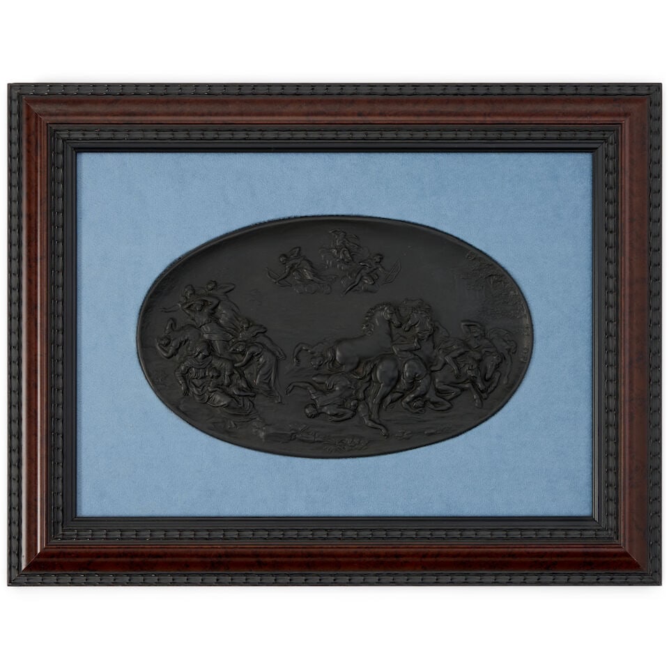 Wedgwood Black Basalt Plaque, England, 19th century,: Wedgwood Black Basalt Plaque, England, 19th century, oval shape with molded depiction of The Destruction of the Children of Niobe, impressed mark, 5 1/4 x 8 1/2; set in a contemporary frame, 10 7/8 x 
