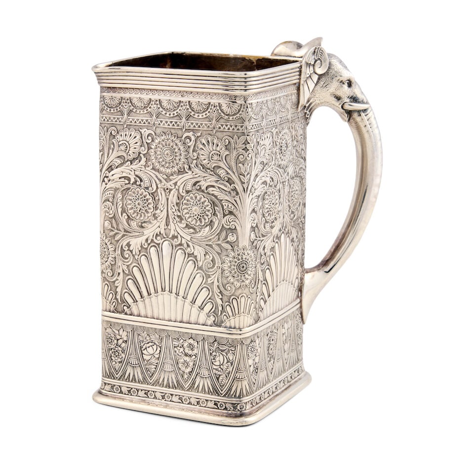 Gorham Sterling Silver Pitcher,: Gorham Sterling Silver Pitcher, Providence, c. 1881, marked 1020, with allover Persian style arabesques and flowerheads and a handle with cast elephant head to upper joint, ht. 7 5/8 in. approx. 24.4 
