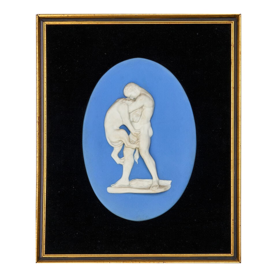 Wedgwood Solid Blue Jasper Plaque of Hercules Strangling the Lion, England, early 19th century,: Wedgwood Solid Blue Jasper Plaque of Hercules Strangling the Lion, England, early 19th century, oval shape with applied white relief, impressed mark, plaque 6 1/2 x 9 1/4; set in a contemporary gilt w