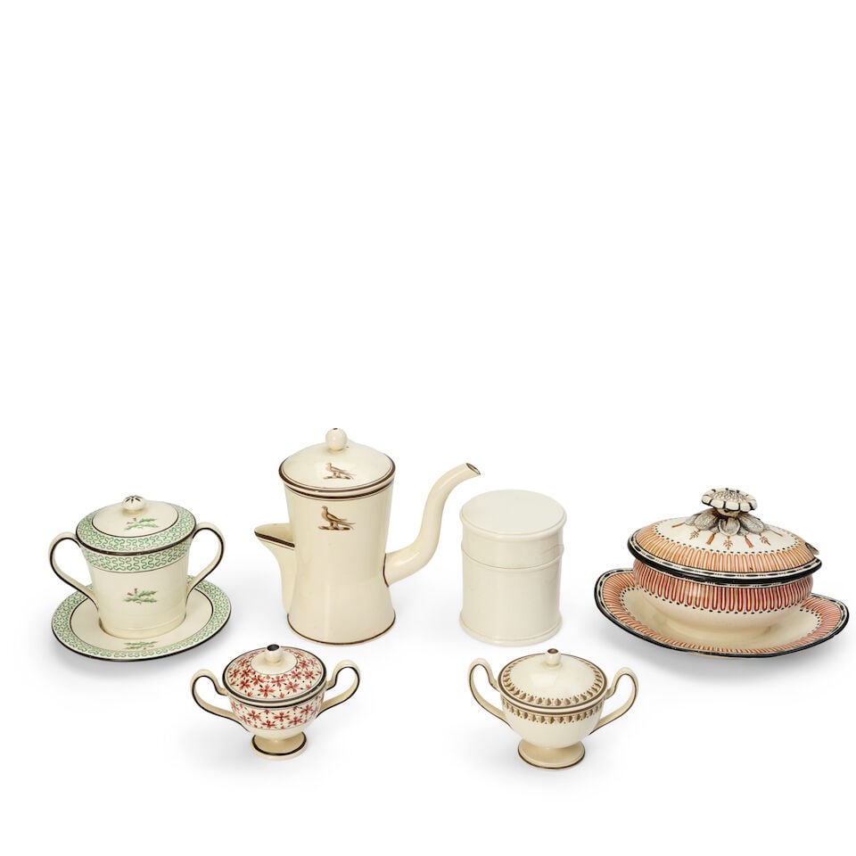 Six Wedgwood Queen's Ware Items, England, late 18th/early 19th century,: Six Wedgwood Queen's Ware Items, England, late 18th/early 19th century, an argyll and cover with printed bird motif, ht. 6 1/4; cylindrical egg-beater, ht. 3 3/4; covered sauce tureen with affixed und