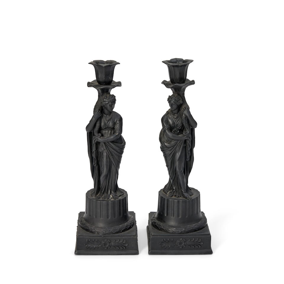 Pair of Wedgwood Black Basalt Figural Candlesticks, England, 19th century, (1 of 2)