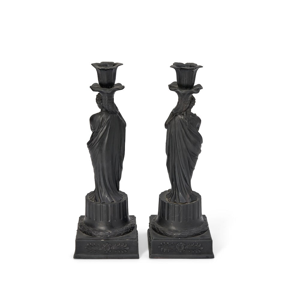 Pair of Wedgwood Black Basalt Figural Candlesticks, England, 19th century, - 2