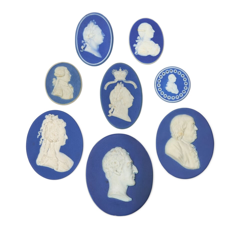 Eight Wedgwood Dark Blue Jasper Portrait Medallions, England, 18th and 19th century,: Eight Wedgwood Dark Blue Jasper Portrait Medallions, England, 18th and 19th century, applied white relief including seven ovals Franklin, two versions of George III, Wellington, Lafayette, Marie Antoi