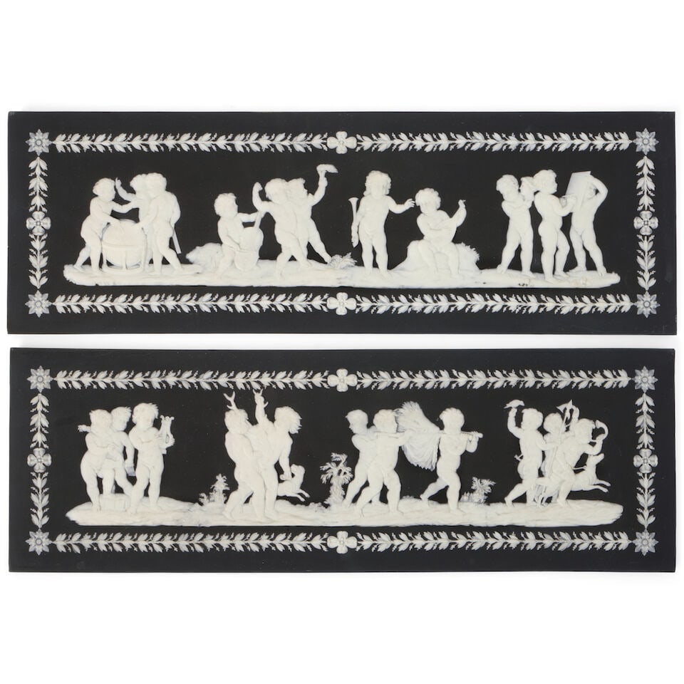 Pair of Black Jasper Dip Plaques, England, 19th century,: Pair of Black Jasper Dip Plaques, England, 19th century, each rectangular shaped with applied white relief of children, one with depictions including Bringing Home the Game, the other with figures in 