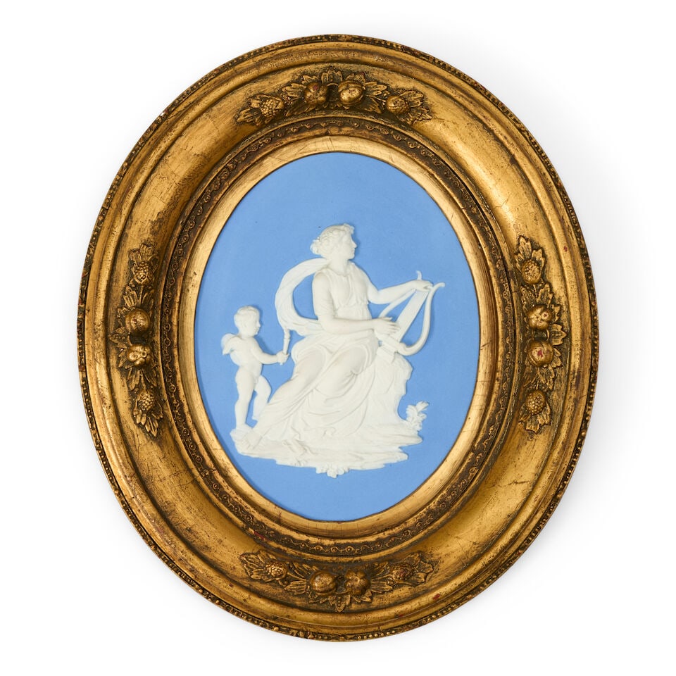 Light Blue Jasper Oval Plaque, England, 19th century,: Light Blue Jasper Oval Plaque, England, 19th century, attributed to Wedgwood, applied white relief depiction of Erato and Cupid, by sight 6 3/4 x 8 1/2; not examined out of frame, with as gilt wood fr
