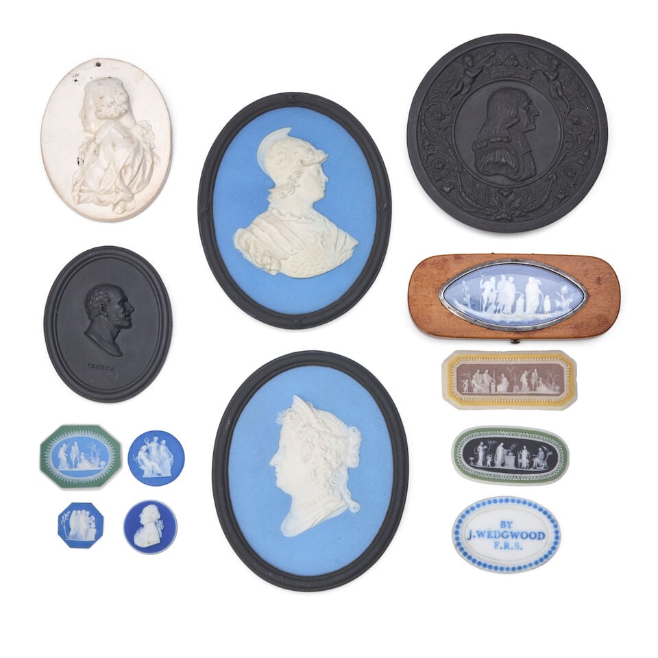 Thirteen Wedgwood Medallions, England, late 18th to 20th century,: Thirteen Wedgwood Medallions, England, late 18th to 20th century, two in black basalt, an oval self-framed of Seneca, lg. 2 3/4; and a roundel of John Wesley, dia. 3 1/2; a glazed white stoneware oval