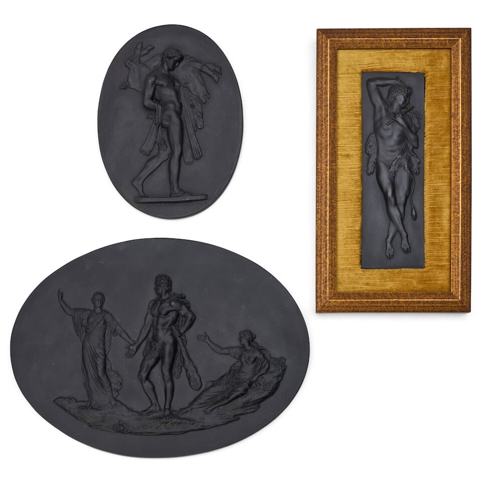 Three Wedgwood Black Basalt Plaques, England, 19th and 20th century,: Three Wedgwood Black Basalt Plaques, England, 19th and 20th century, an oval with relief of The Choice of Hercules, lg. 11 3/4; an oval of Hercules and the Erymanthian Boar, lg. 7 1/2; and a rectangle