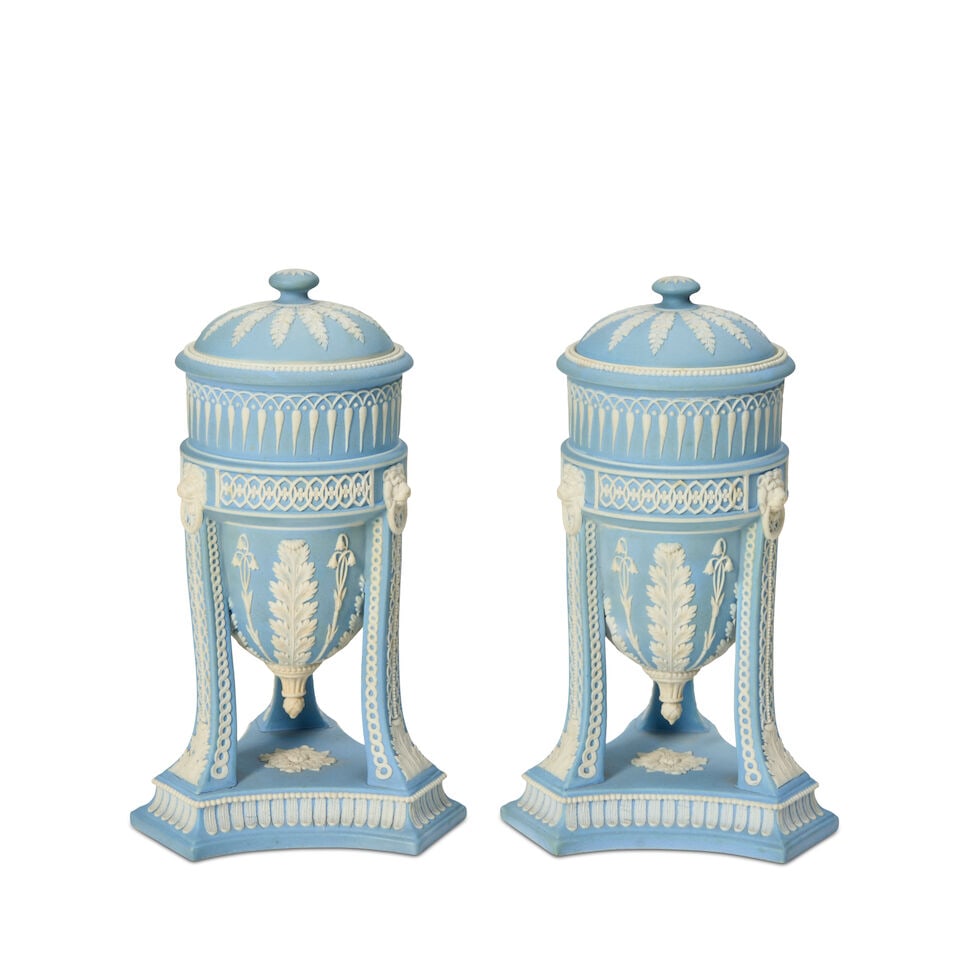 Pair of Wedgwood Light Blue Jasper Dip Tripod Vases and Covers, England, late 19th century, - 2
