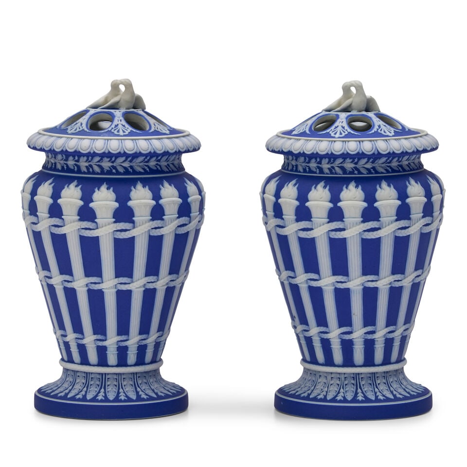 Pair of Wedgwood Dark Blue Jasper Dip Torches Vases and Covers, England, early 19th century, (1 of 2)