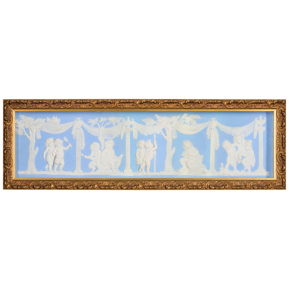 Wedgwood Solid Light Blue Jasper Plaque, England, early 19th century,: Wedgwood Solid Light Blue Jasper Plaque, England, early 19th century, rectangular shape with applied white relief of groups of boys within urn topped column frames and drapery swags, by sight 5 3/4 x 