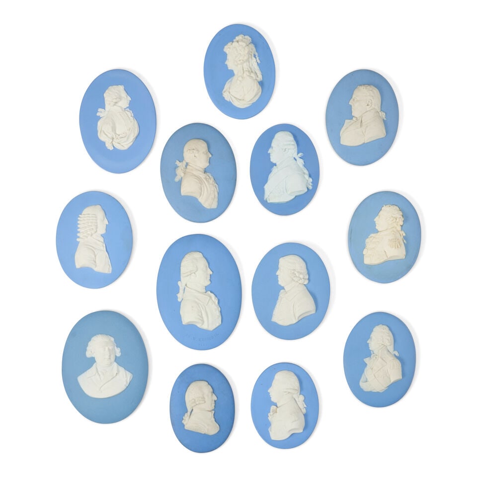 Thirteen Wedgwood Solid Light Blue Jasper Oval Portrait Plaques, England, late 18th to early 20t...: Thirteen Wedgwood Solid Light Blue Jasper Oval Portrait Plaques, England, late 18th to early 20th century, each with applied white relief, including Nelson, Wedgwood, Duncan, Byerley, Duke of Marlboro