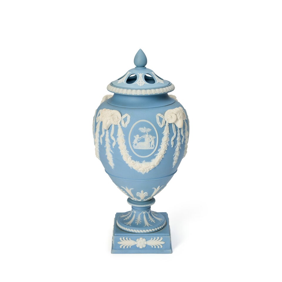 Wedgwood Solid Light Blue Jasper Potpourri Vase and Covers, England, 19th century,: Wedgwood Solid Light Blue Jasper Potpourri Vase and Covers, England, 19th century, applied white relief including classical medallions between floral festoons terminating at ram's heads, with an inner