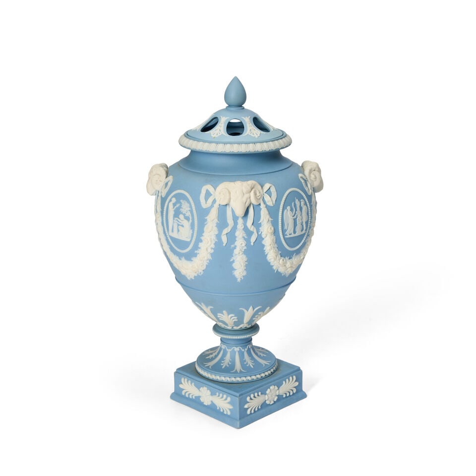 Wedgwood Solid Light Blue Jasper Potpourri Vase and Covers, England, 19th century, - 2