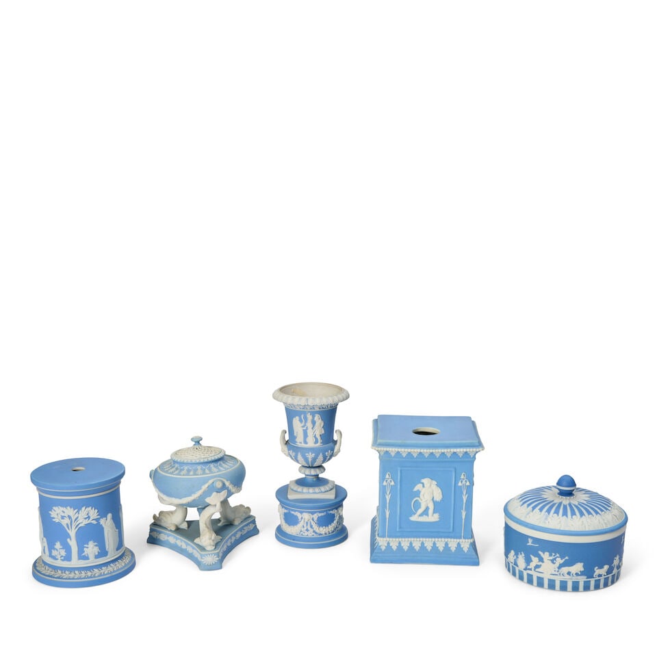 Five Wedgwood Light Blue Jasper Items, England, late 18th to early 20th century,: Five Wedgwood Light Blue Jasper Items, England, late 18th to early 20th century, each with applied white relief, a dolphin tripod incense burner, ht. 4 1/2; together with four having classical figures