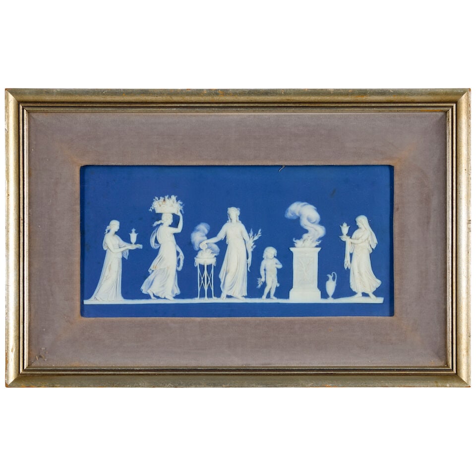 Wedgwood Dark Blue Jasper Dip Plaque, England, 19th century,: Wedgwood Dark Blue Jasper Dip Plaque, England, 19th century, rectangular shape with applied white relief depiction of a Sacrifice to Peace, impressed mark, 6 x 12 in.; set in a gilt wood