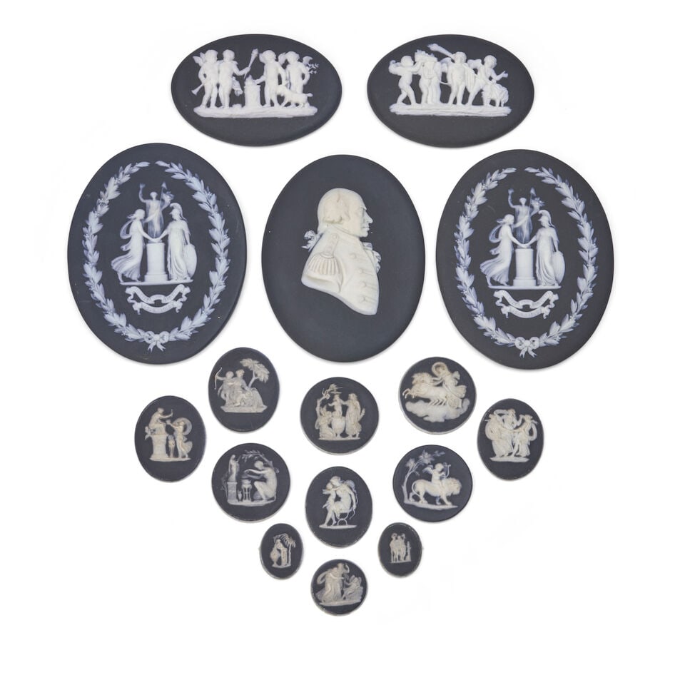Sixteen Wedgwood Black Jasper medallions, England, 19th and 20th century,: Sixteen Wedgwood Black Jasper medallions, England, 19th and 20th century, each with applied white relief, a pair with depictions of The Marriage of Cupid and Psyche and Sacrifice to Hymen; a pair of W