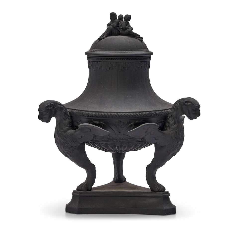 Wedgwood Black Basalt Tripod Urn and Cover, England, early 20th century, - 2