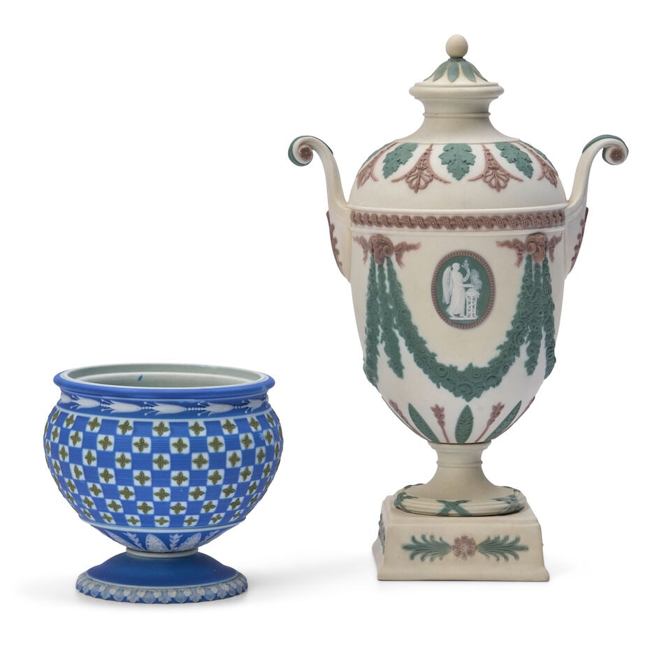 Two Wedgwood Tricolor Jasper Vases, England, late 18th and 19th century,: Two Wedgwood Tricolor Jasper Vases, England, late 18th and 19th century, a dipped dark blue dice ware vase with green quatrefoils, ht. 3 1/2; and a solid white vase and cover with green and lilac reli