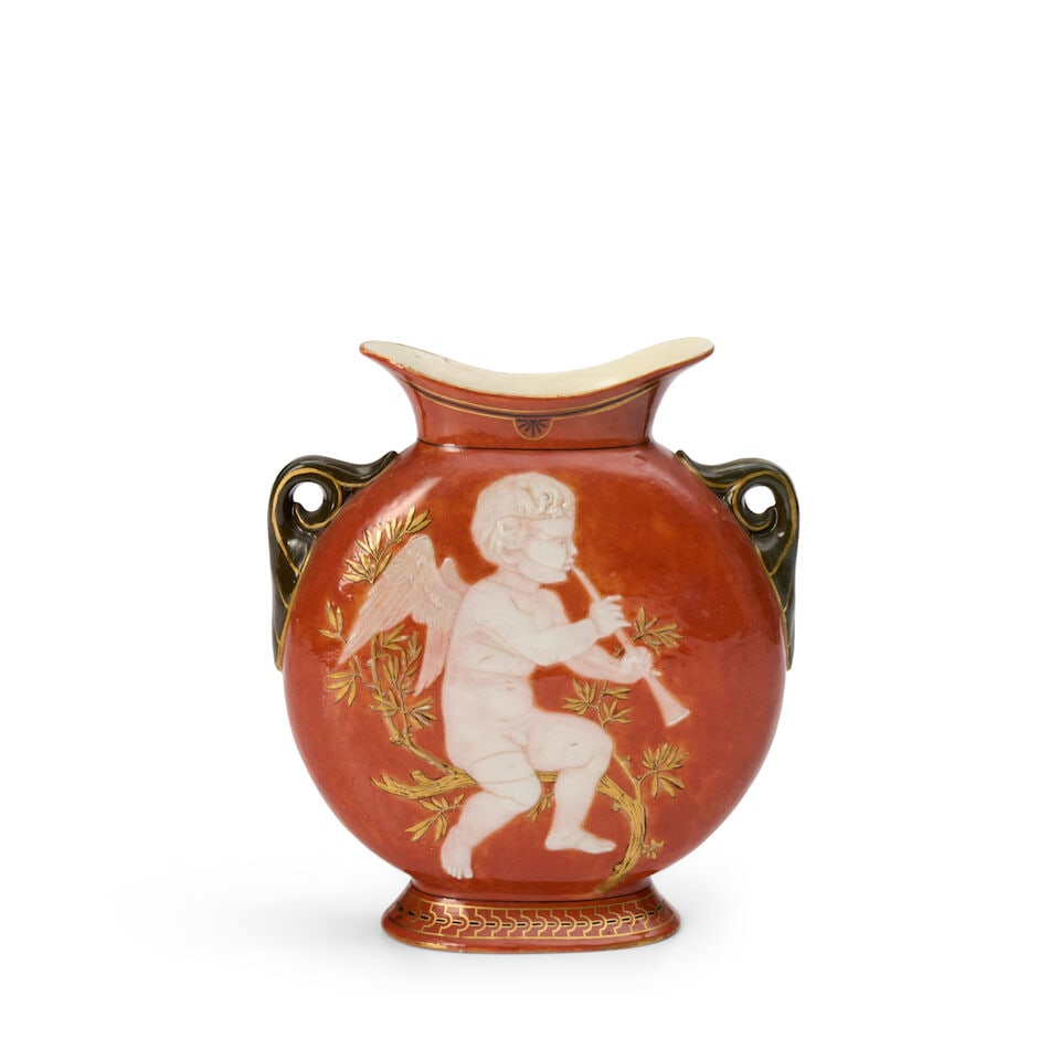 Wedgwood Pâte-sur-pâte Vase, England, c. 1880,: Wedgwood Pâte-sur-pâte Vase, England, c. 1880, with two scrolled handles, flat sided and with an elongated spout, a white paste cherub playing a horn to one side to an orange ground, the rev