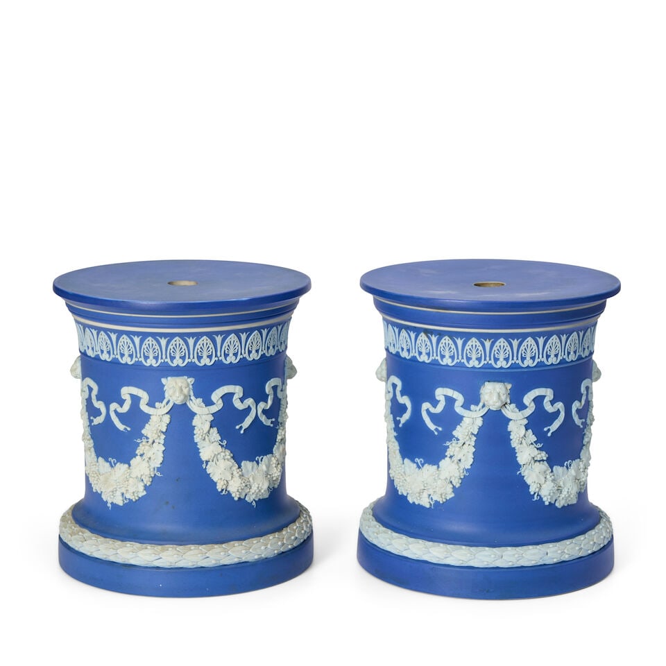 Pair of Wedgwood Dark Blue Jasper Dip Drum Bases, England, 19th century,: Pair of Wedgwood Dark Blue Jasper Dip Drum Bases, England, 19th century, each with applied white fruiting grapevine festoons terminating at leopard masks with ribbons, laurel and berry banded foot rim