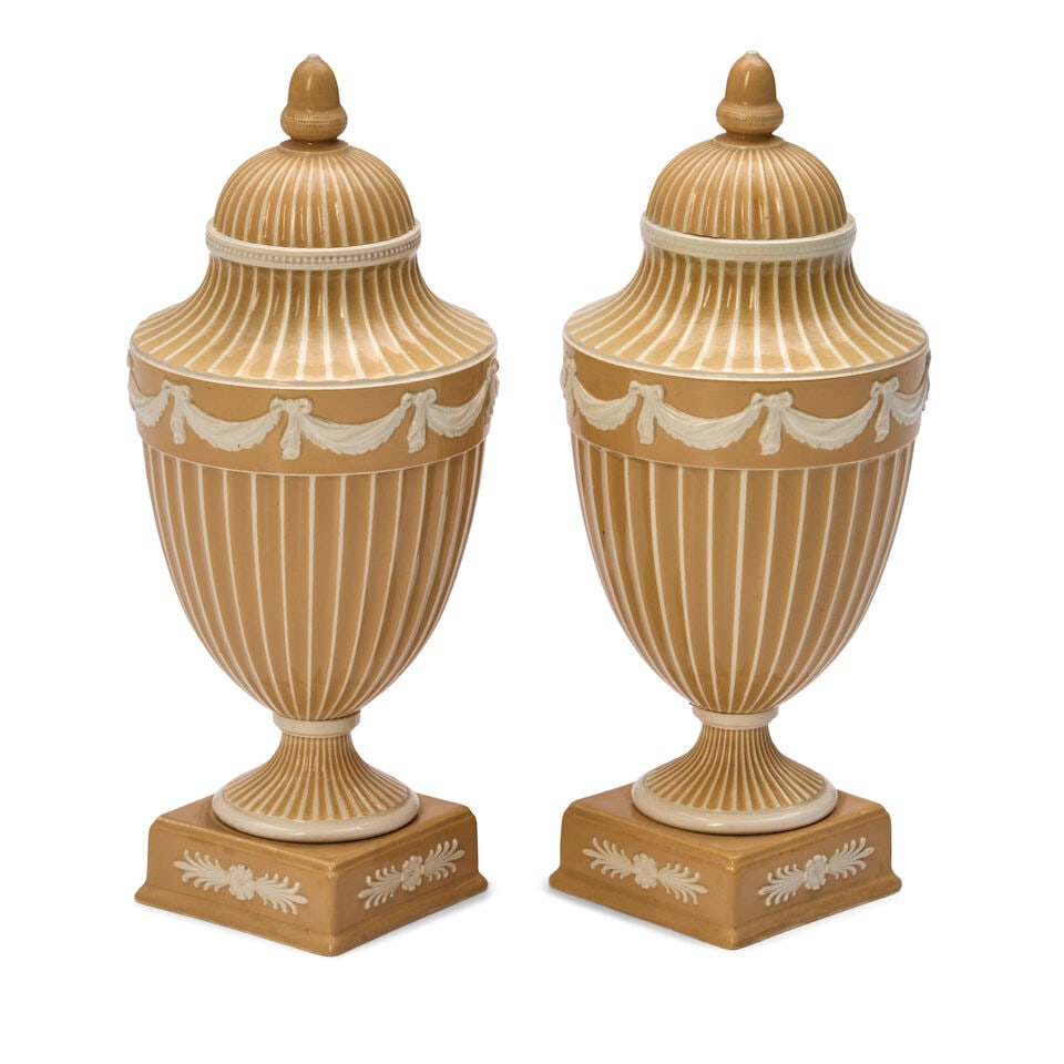 Pair of Wedgwood Cane-colored Slip Decorated Queen's Ware Vases and Covers, England, c. 1900, - 2
