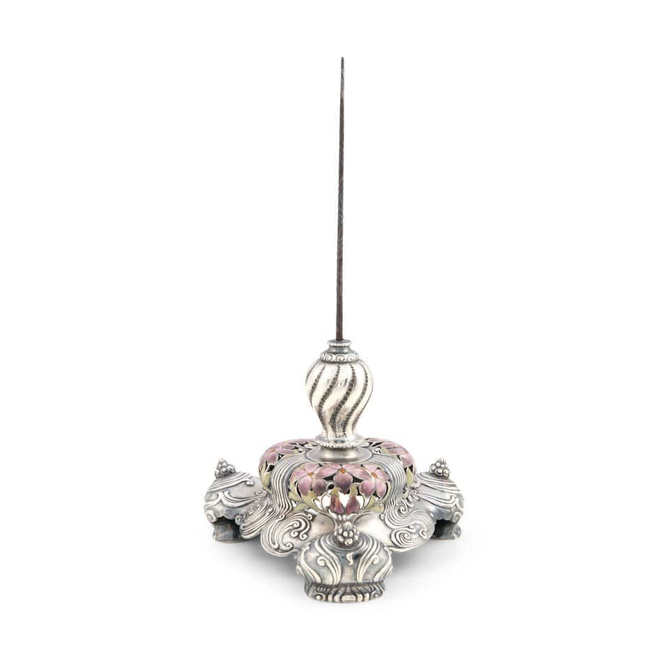 Tiffany & Co. Sterling Silver and Enamel Paper Spike,: Tiffany & Co. Sterling Silver and Enamel Paper Spike, New York, late 19th/early 20th century, with purple enameled flowers to edge, base ht. 3 1/2, total ht. 9 1/4 in., approx. 9.6 troy oz. Footnotes: