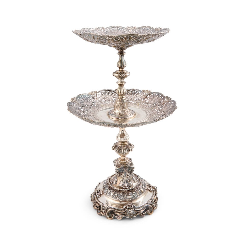 Victorian Sterling Silver Two-tier Epergne,: Victorian Sterling Silver Two-tier Epergne, London, 1852-53, R. & S. Garrard & Co., maker, each tier with a reticulated shell motif amidst strapwork scrolls, ht. 18 in., approx. 76.8 troy oz. Footnote