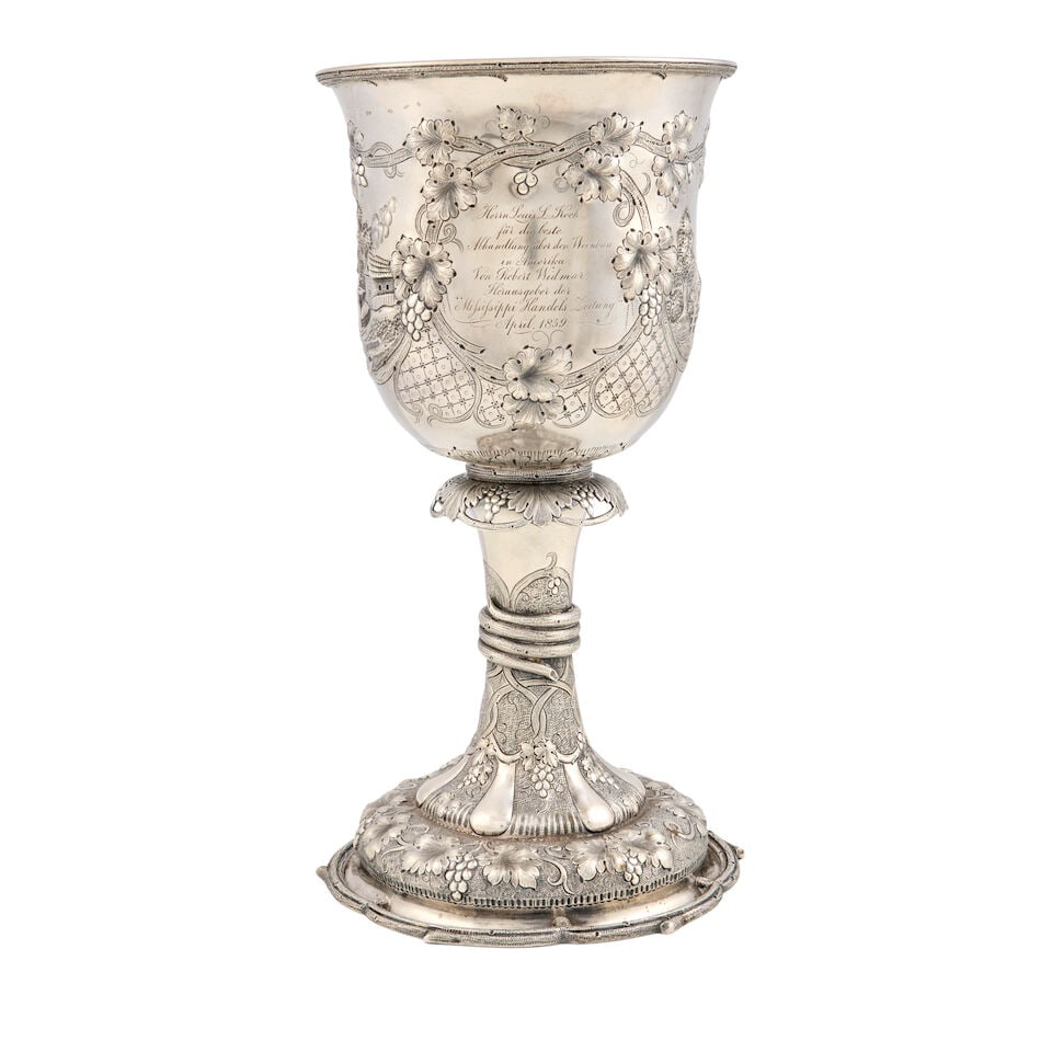 Jaccard & Co. Coin Silver Presentation Goblet,: Jaccard & Co. Coin Silver Presentation Goblet, St. Louis, Missouri, c. 1859, the trophy chalice with depiction of vineyard and wine production centering two cartouches each engraved 'To Louis L. Koch,