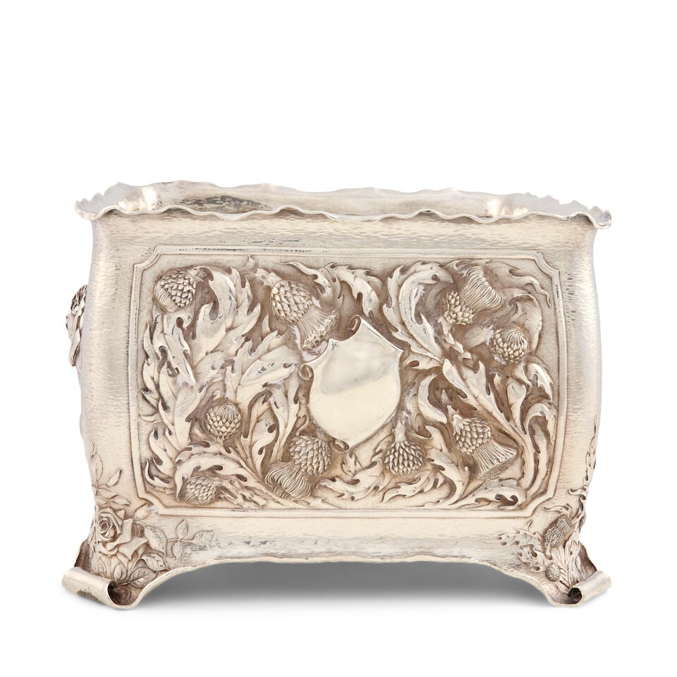 Clemens Friedell Sterling Silver Jardinere,: Clemens Friedell Sterling Silver Jardinere, Pasadena, California, c. 1915, marked to underside with scratched '8761,' rectangular with crimped rim and spot-hammered surface, the sides chased in high r