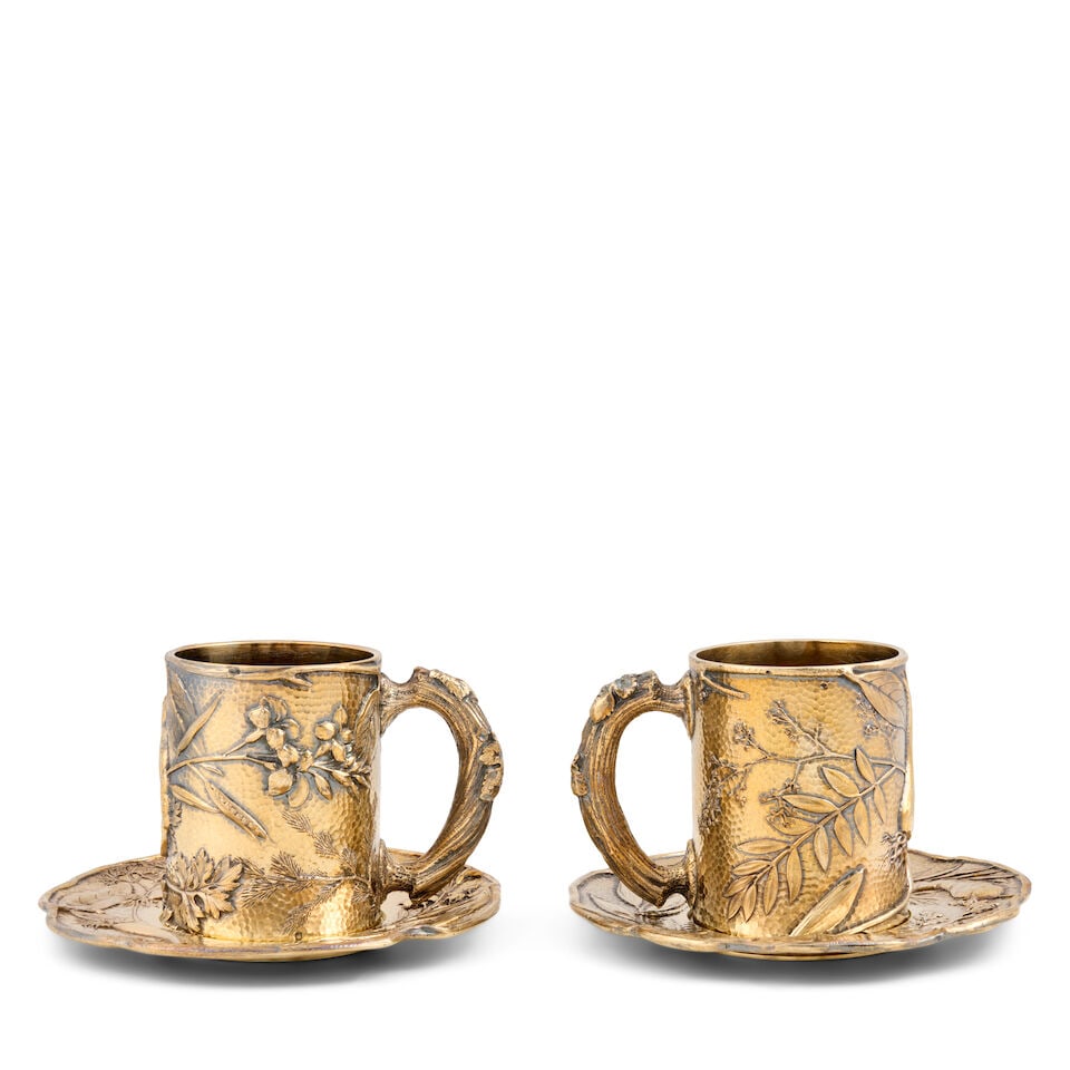 Pair of French .950 Silvergilt Cups and Saucers, - 3