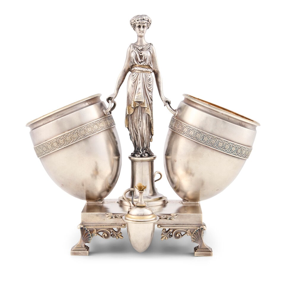 Tiffany & Co. Sterling Silver Cigar Stand,: Tiffany & Co. Sterling Silver Cigar Stand, New York, c. 1870, with a classical maiden holding two amphora on a square base engraved with monogram and fitted with two removable amphora-shaped lighters,