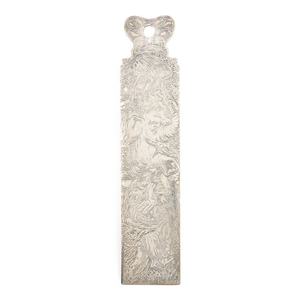 Tiffany & Co. Sterling Silver Page Turner,: Tiffany & Co. Sterling Silver Page Turner, New York, 1875-91, monogrammed to one side, the other with an acid-etched depiction of soldiers atop an elephant hunting two tigers, lg. 11 in., approx. 8.2