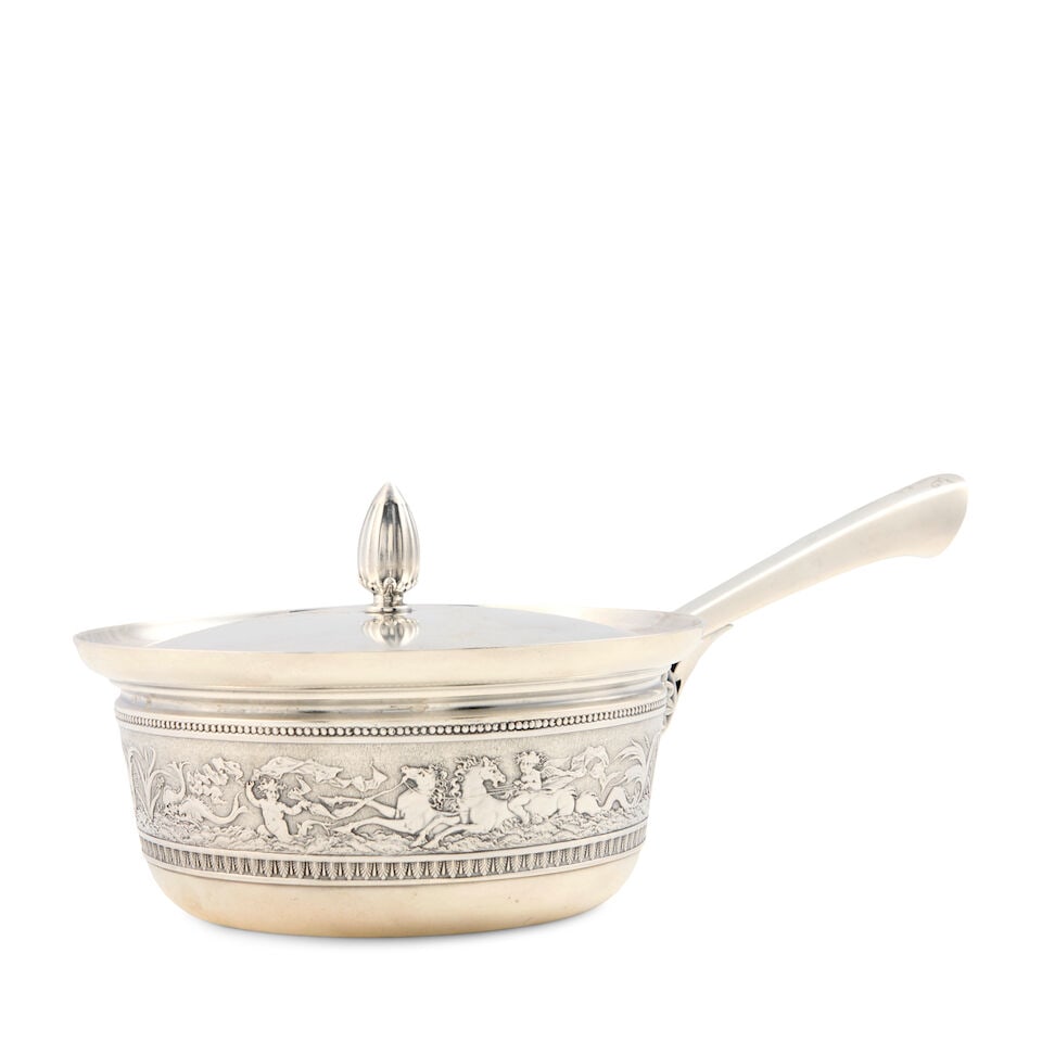 Gorham Sterling Silver Covered Porringer,: Gorham Sterling Silver Covered Porringer, Providence, Rhode Island, c. 1874, with a die-rolled band featuring putti riding hippocampi amongst mermaids and dolphins, with an engraved monogram to handle